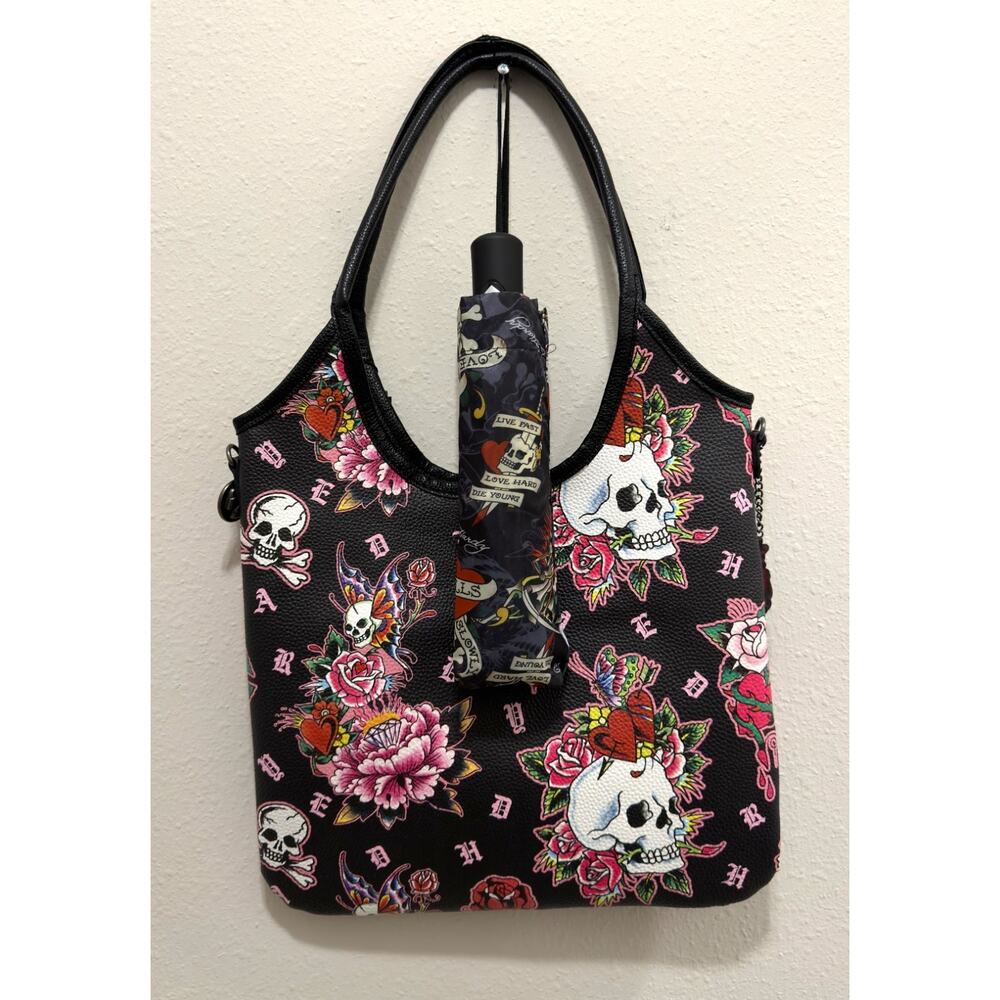 New Ed Hardy Tattoo Print Tote Bag Skull, Tiger & Swallow Graphic Shoulder Bag